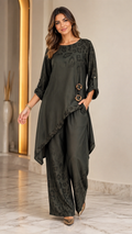 Women's olive asymmetrical tunic and wide leg pants two piece set front view