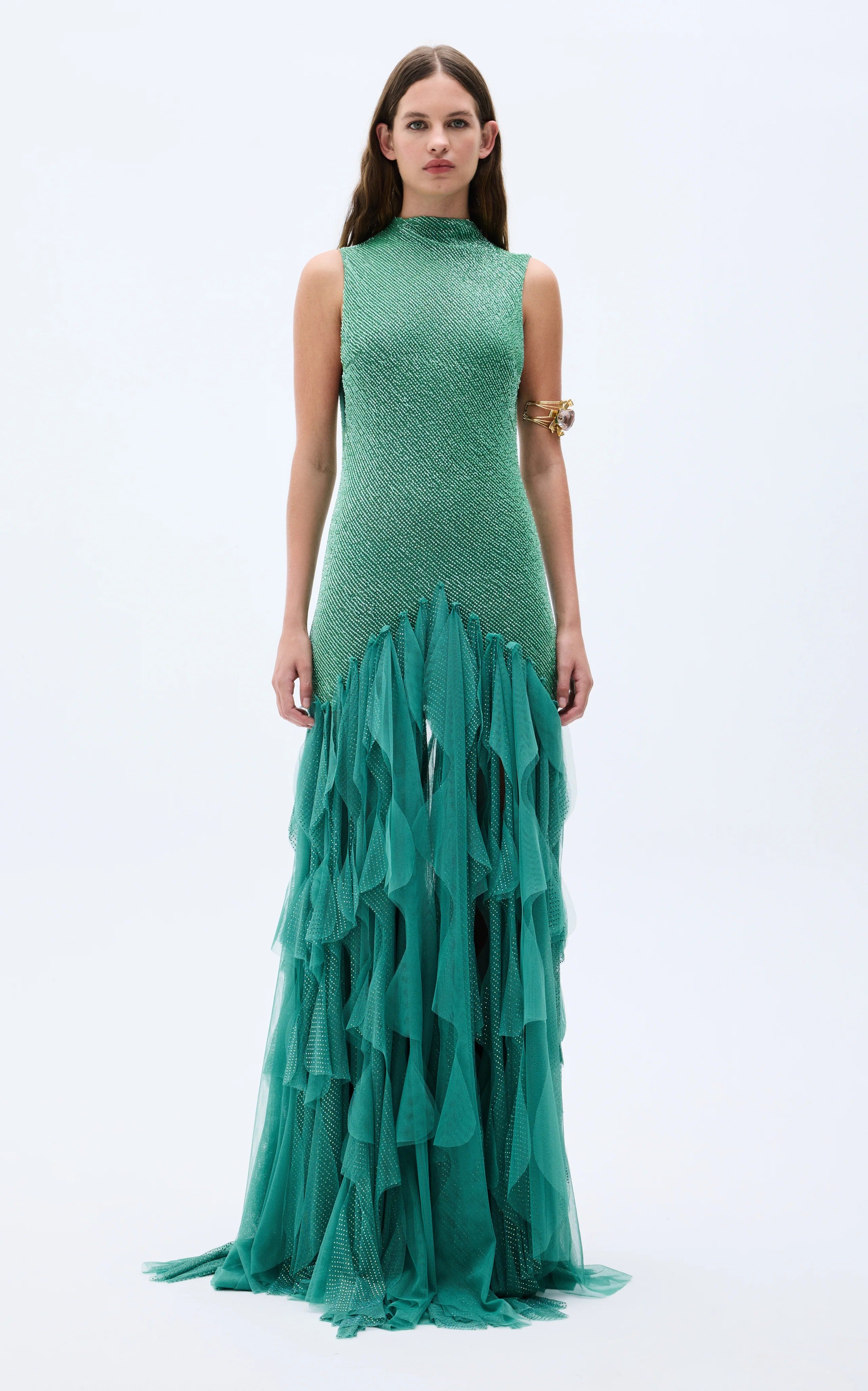 Front view of emerald textured sleeveless mermaid evening gown with layered ruffle hem